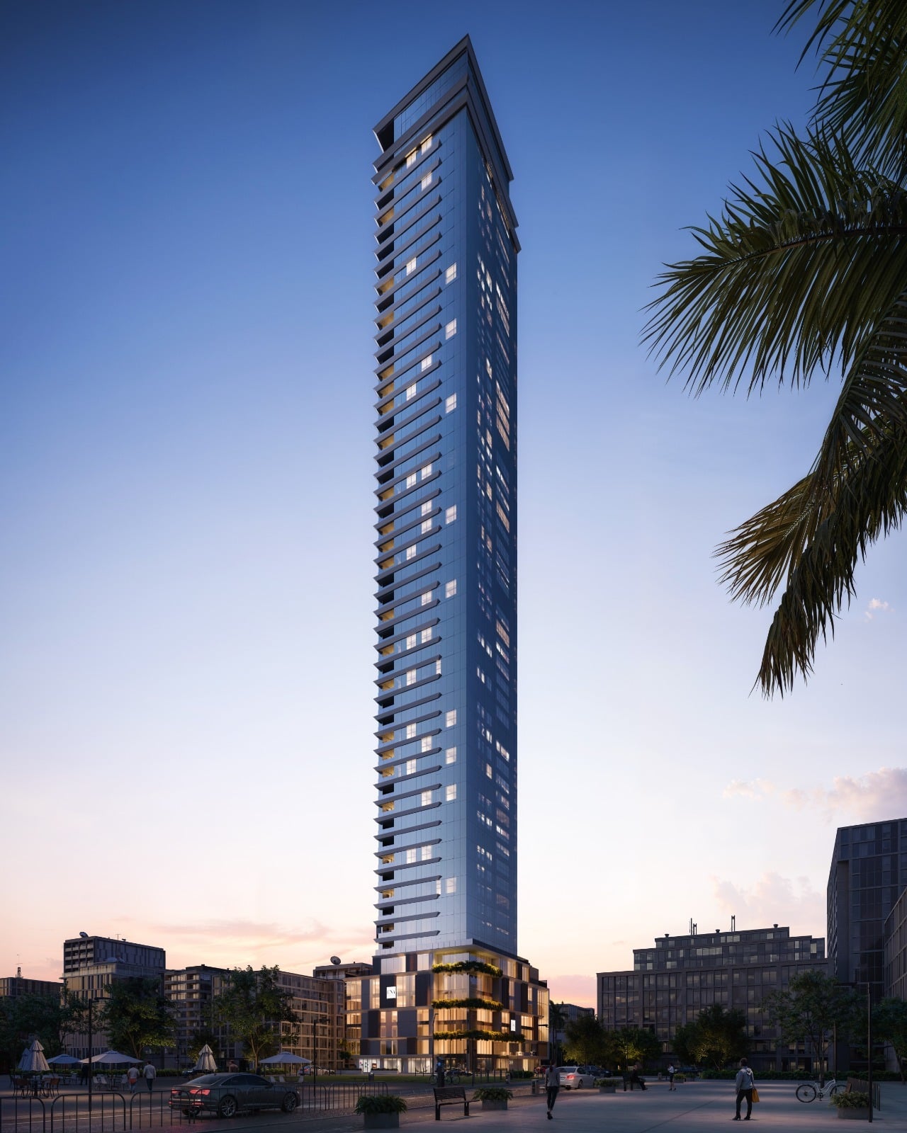 Torre do Evolution Residências Suspensas ao entardecer, vista de baixo para cima